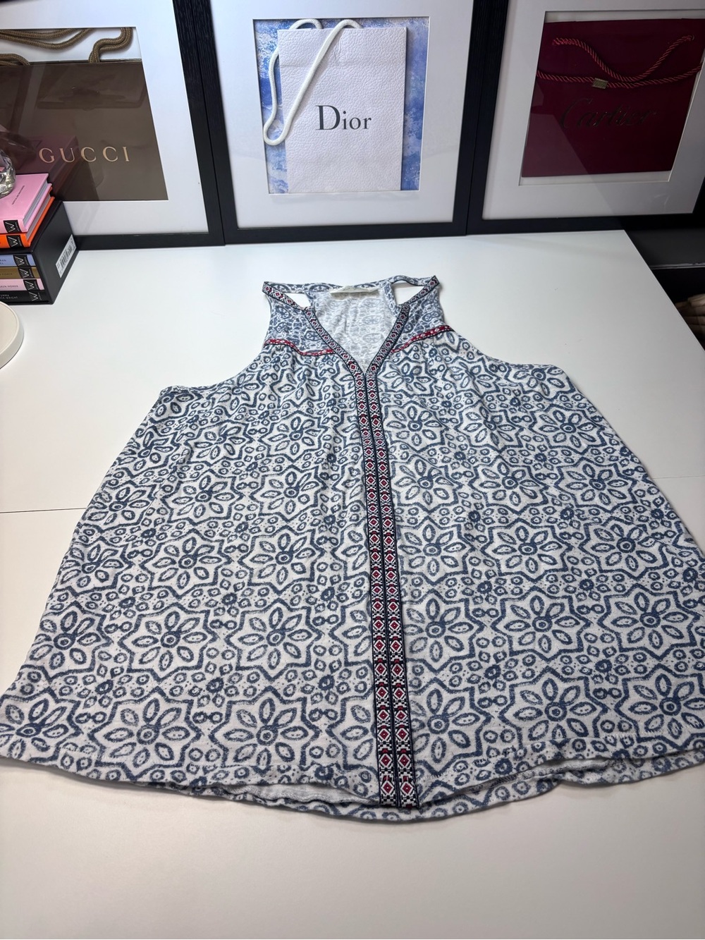 RD Style Navy & White Printed Boho Style Racerback Tank with Contrast Trim  SZ M